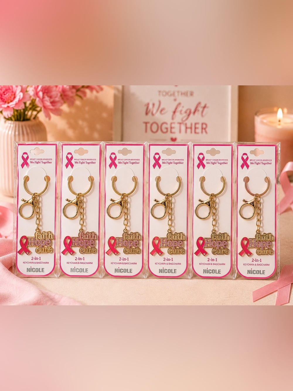 Faith Hope Cure gold bag charms set of 6